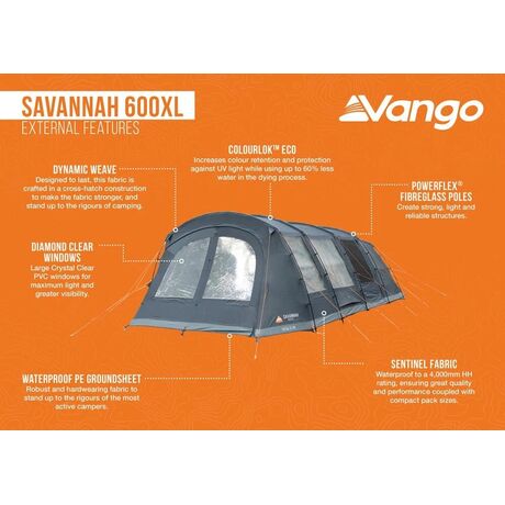 VANGO Savannah 600XL, Οικογενειακή σκηνή 6 ατόμων, 700 x 380 x 210(ύψος) cm, TEVSAVANN000002 /Deep Blue