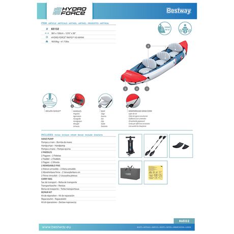 Hydro-Force Rapid X3 Set BESTWAY Φουσκωτό Καγιάκ τριών ατόμων, Μήκος: 3.81m, Αντοχή: 280kg, 1 πτερύγιο, 65132